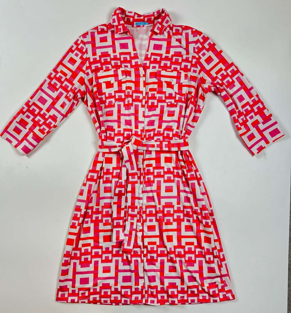 J. McLaughlin Red & Pink Geometric Print Belted Shirt Dress Size XL